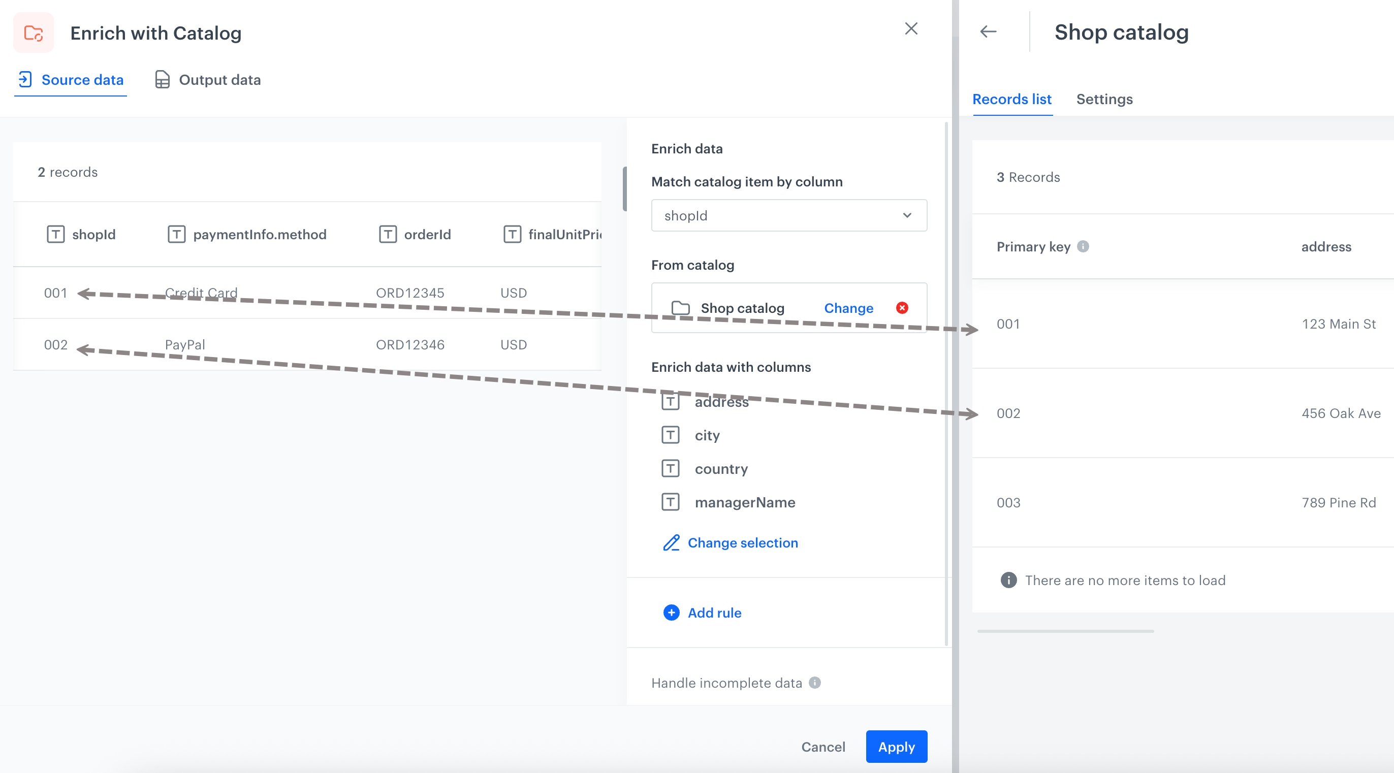 On the left: Sample data to be enriched in the node; on the righ: view of the catalog that will enrich dataset in the node;