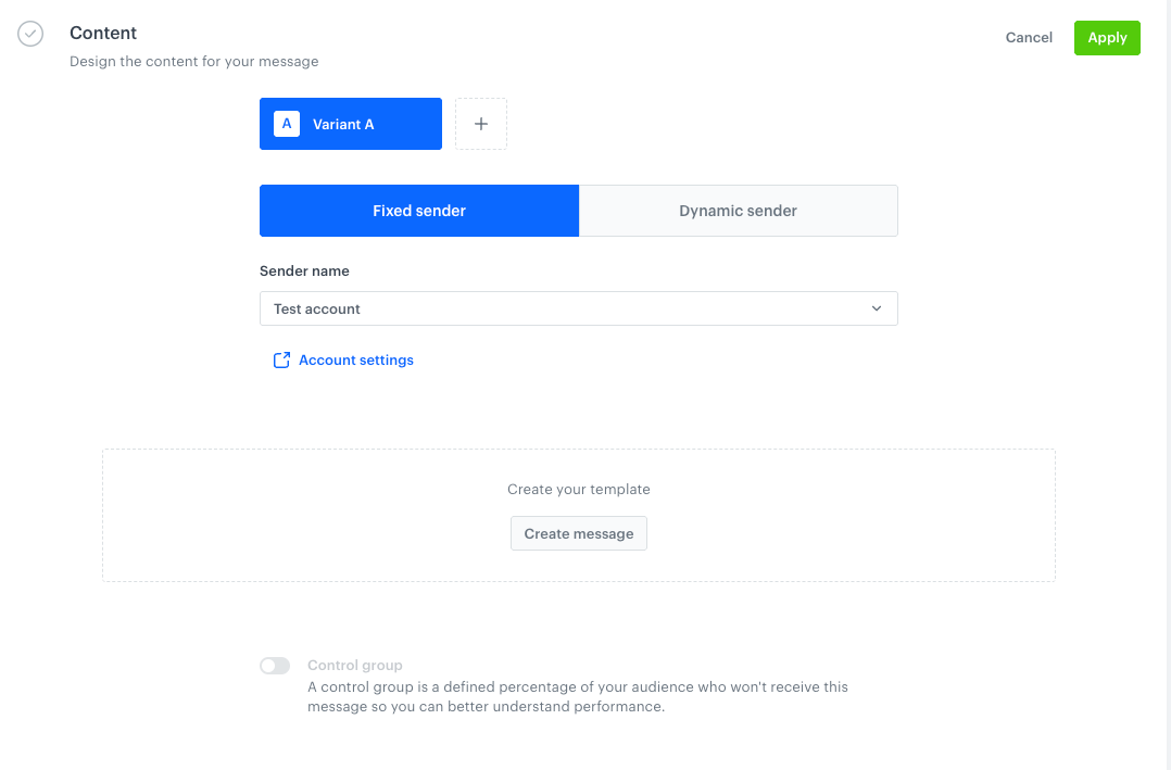 The Fixed sender tab in the Content section of the SMS campaign