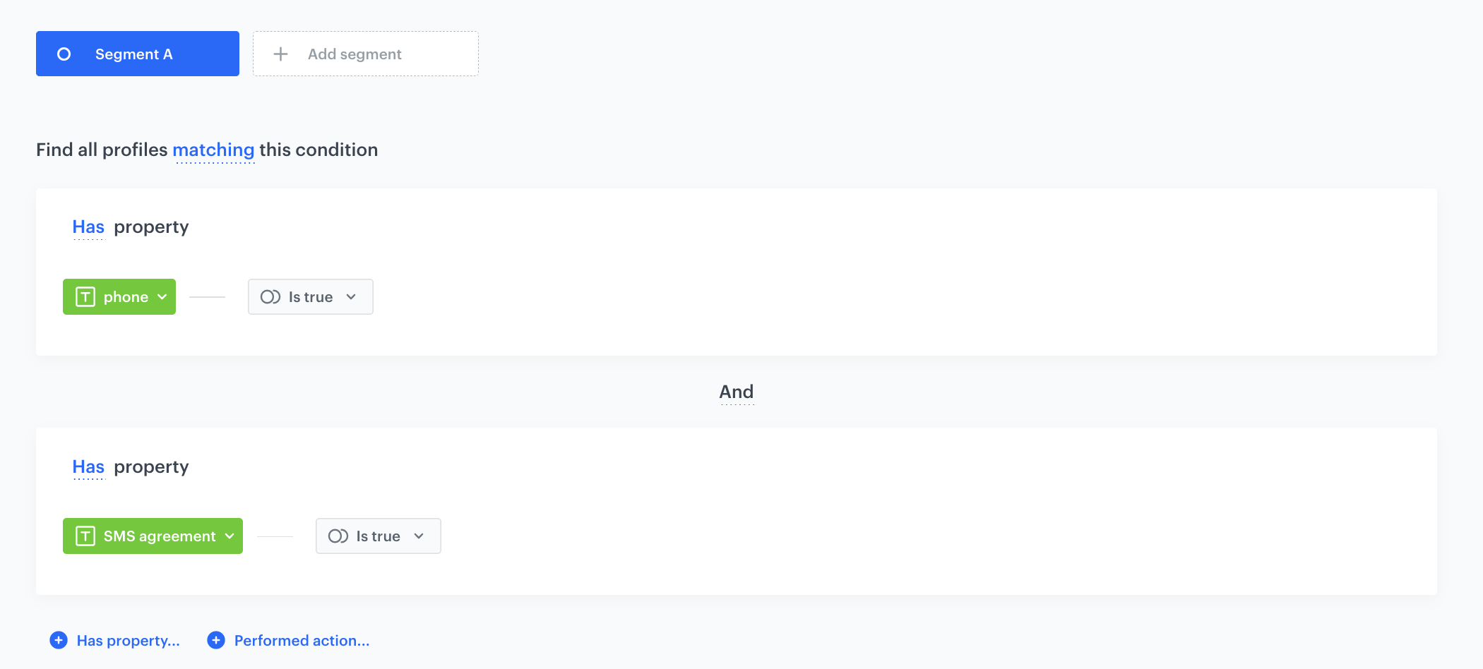 Decision Hub segmentation configuration filtering customers with a phone number and SMS agreement