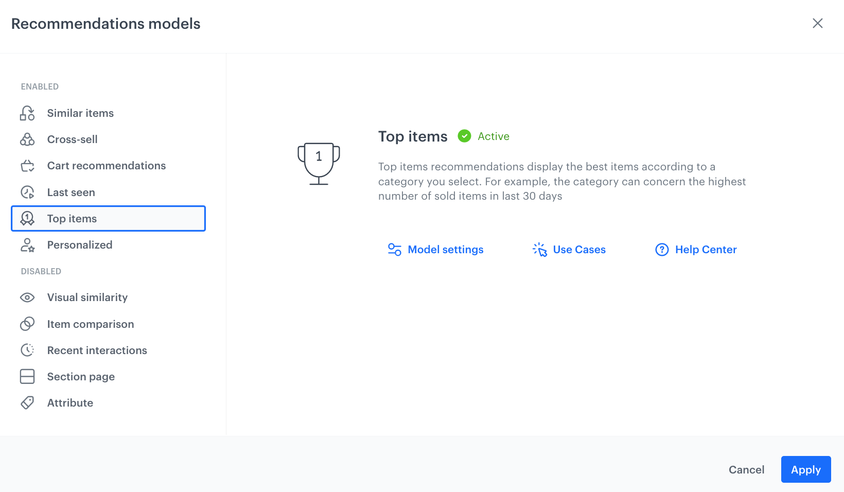 Screenshot presenting model of recommendation