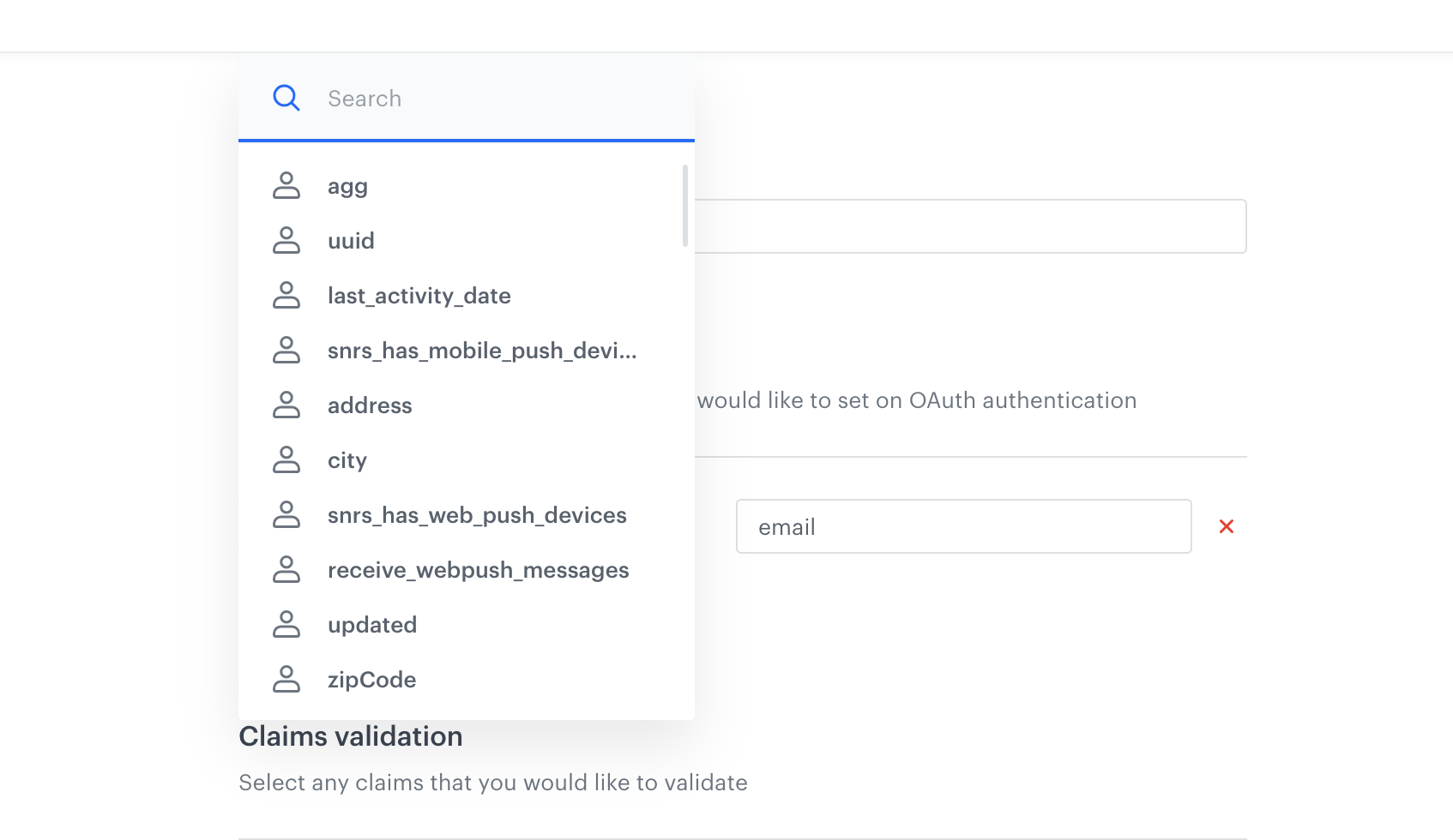 Synerise IAM OAuth settings showing token field mapping to Synerise profile attributes