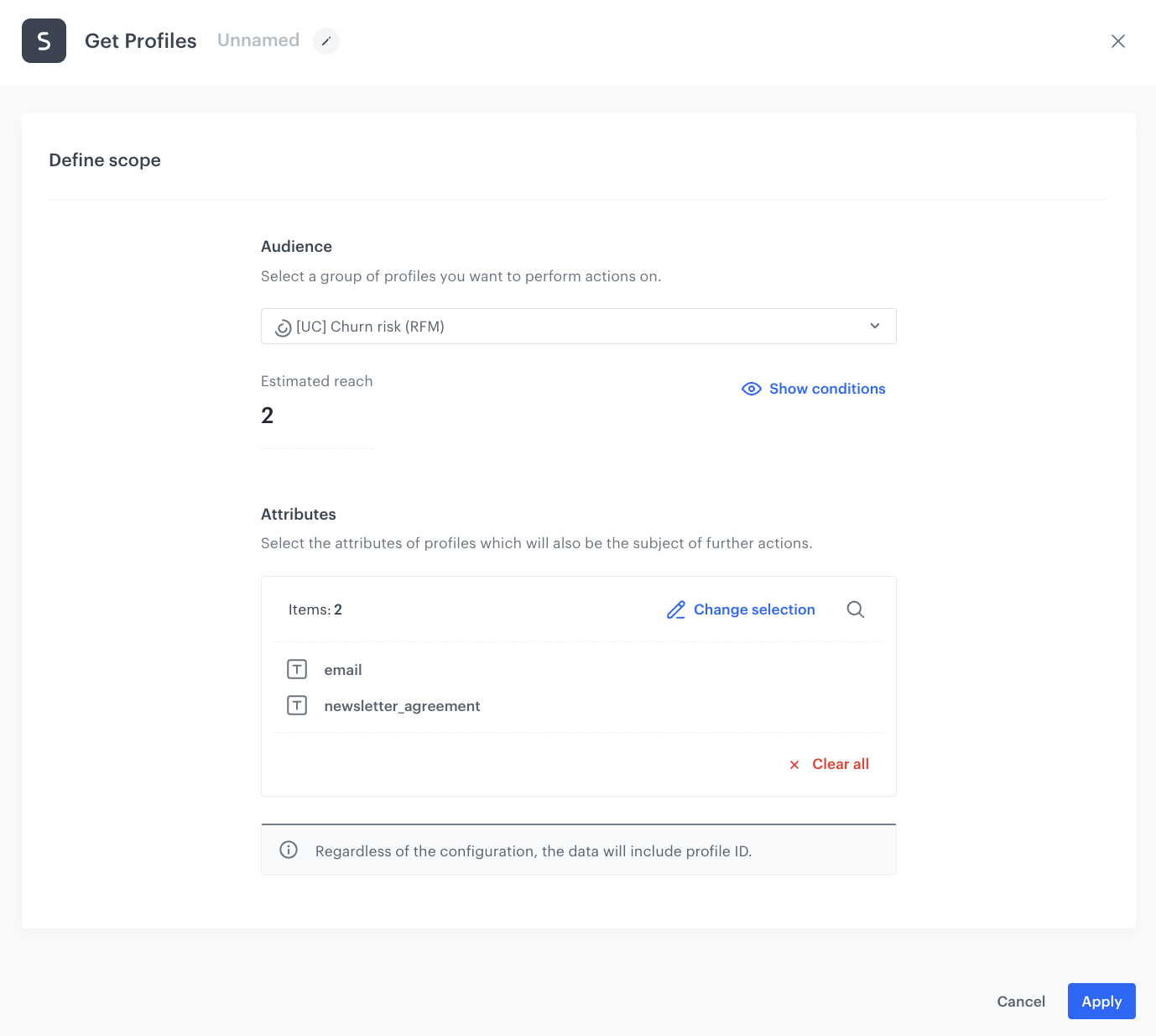 Automation Hub Get Profiles node selecting churn-risk customers with email and newsletter agreement attributes