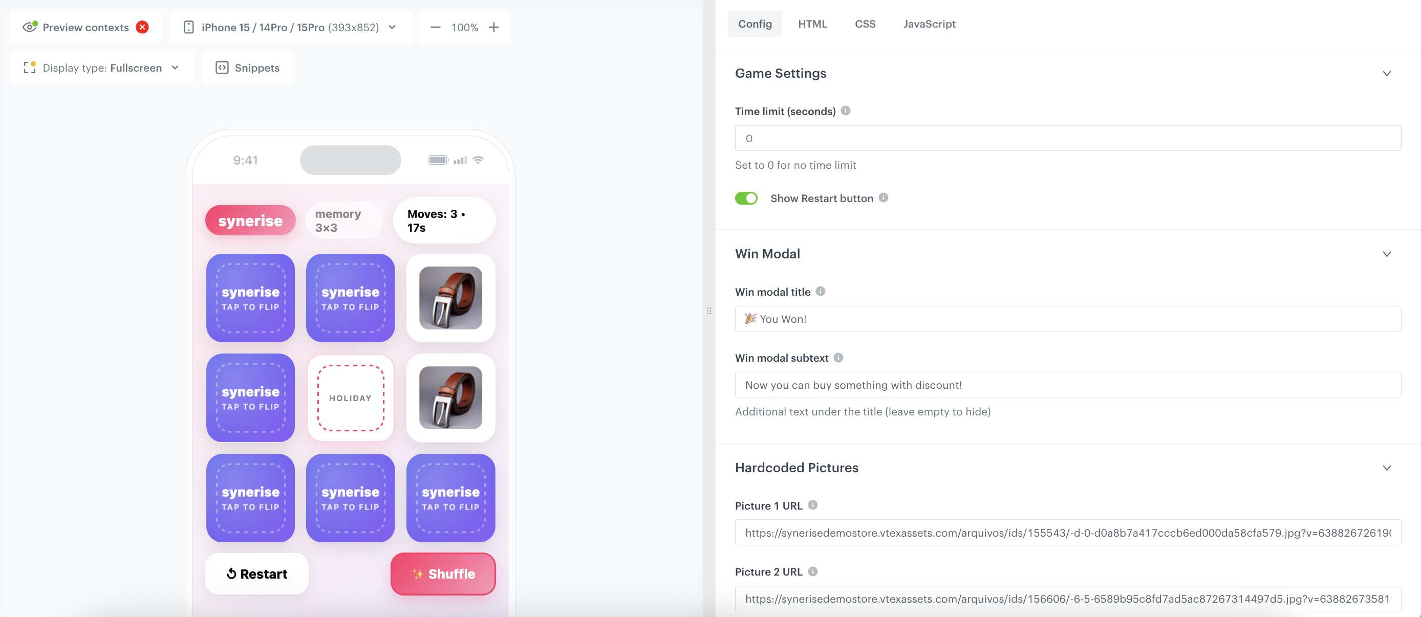 In-app memo message Config tab with General Settings section