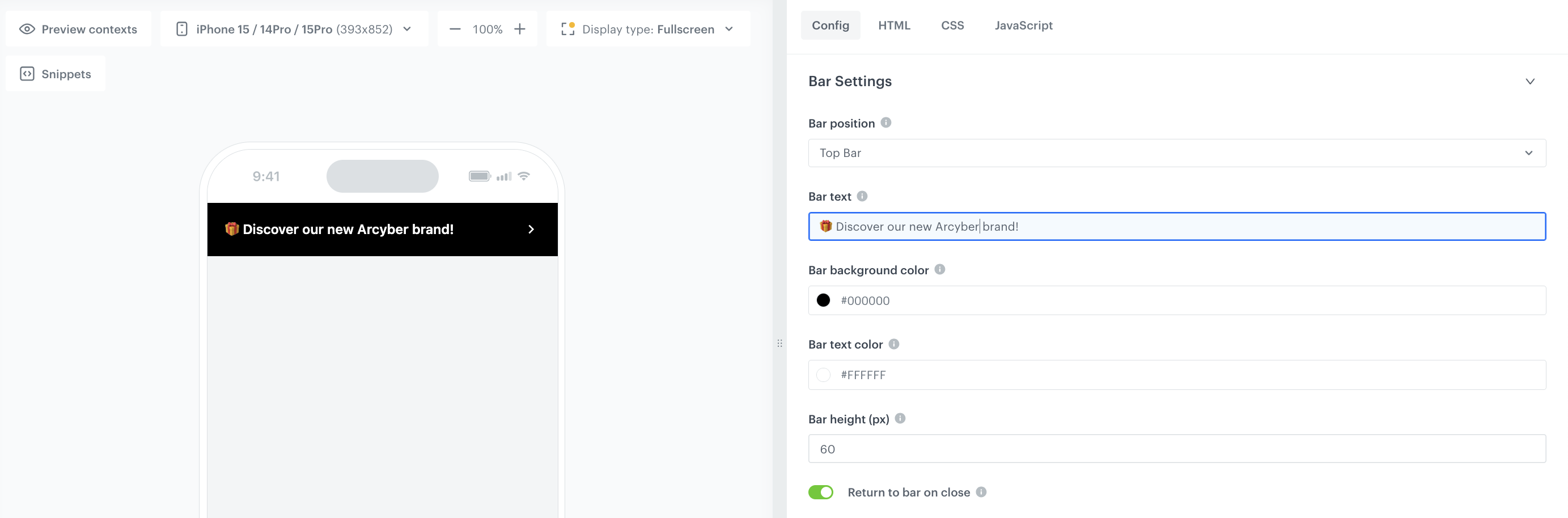 In-app resize stories Config tab with bar settings and slide configuration