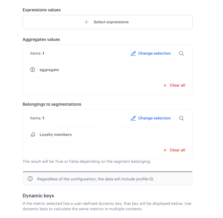Automation Hub Get Profiles node configured with aggregate values for LTV prediction results and loyalty members segmentation