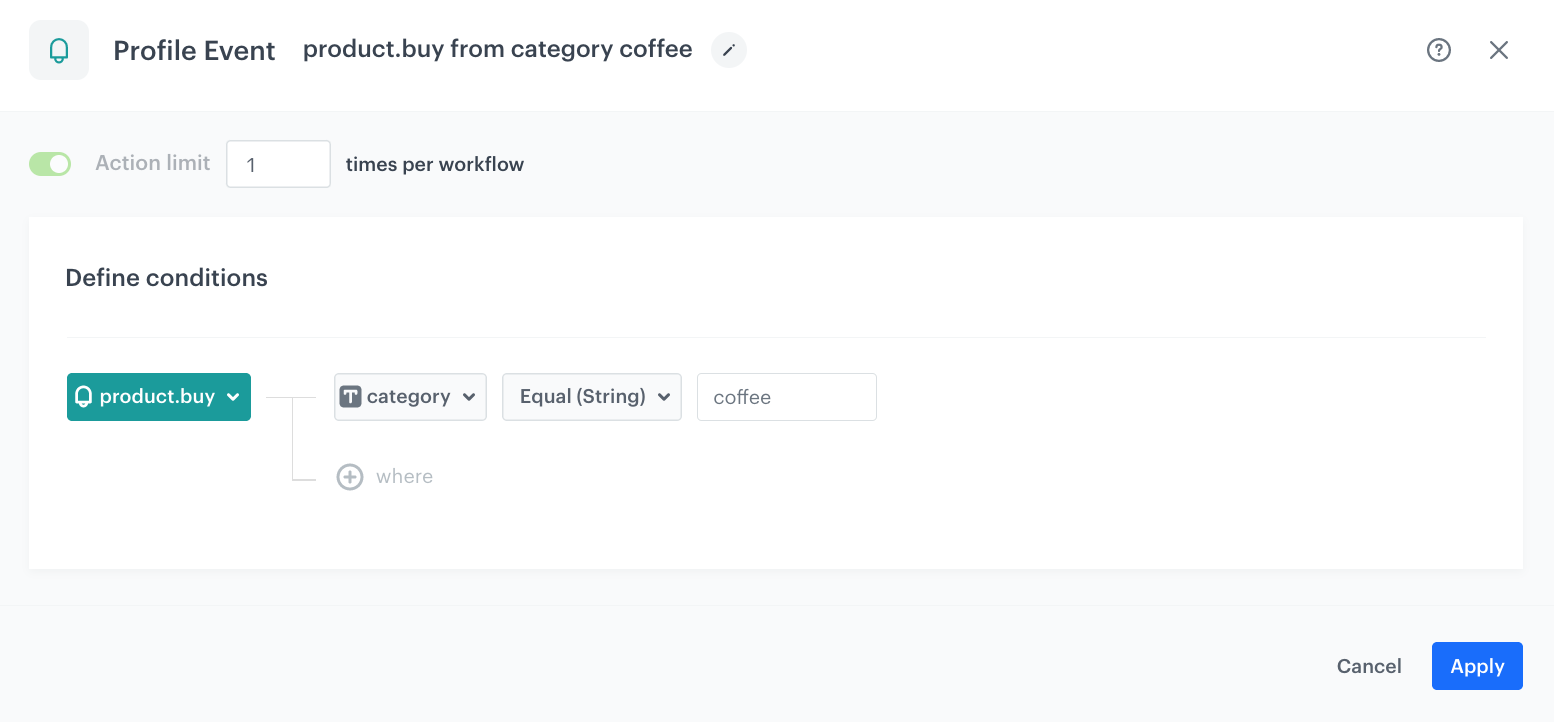 Automation Hub Profile Event node configured with product.buy event filtered by coffee category