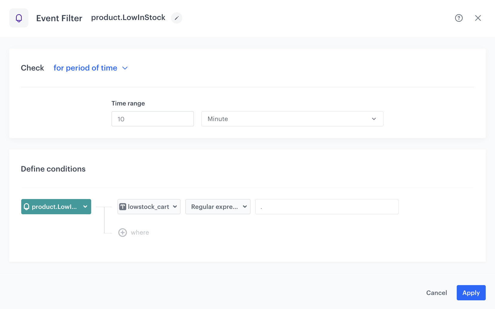 Automation Hub Event Filter node configured with a regular expression to exclude empty lowstock_cart parameter values