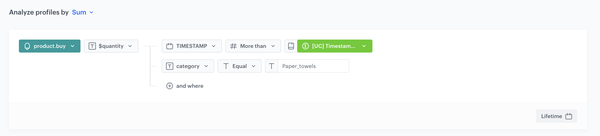 Decision Hub Sum aggregate counting the total quantity of product.buy events from the Paper_towels category since the last completed quest