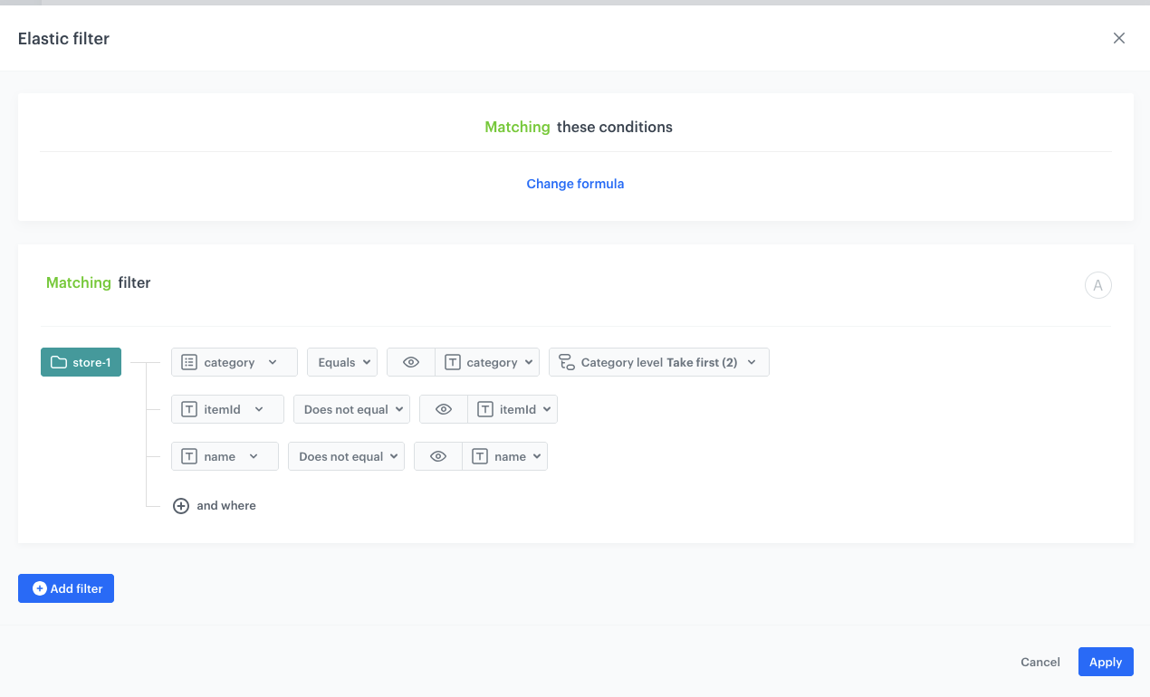 AI Hub recommendation elastic filter showing items in the same top-level category as the currently viewed product, excluding items with the same title or ID