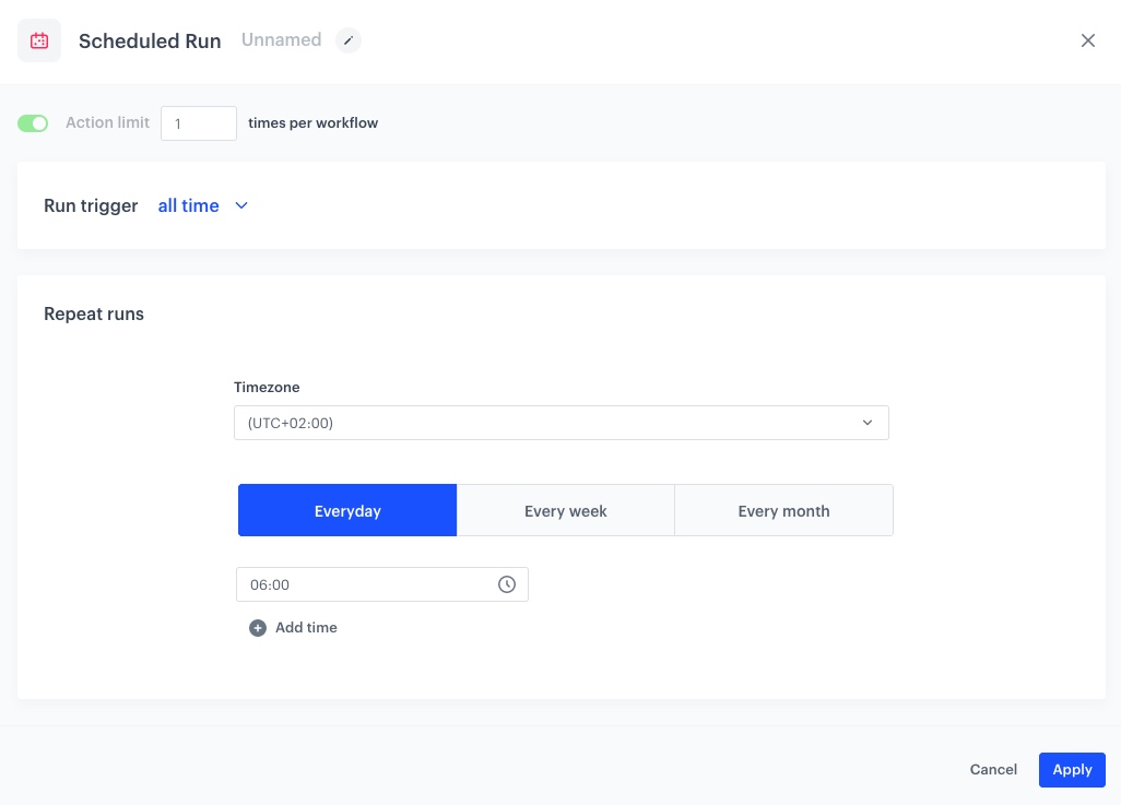 Automation Hub Scheduled Run node configuration for triggering data export via SFTP