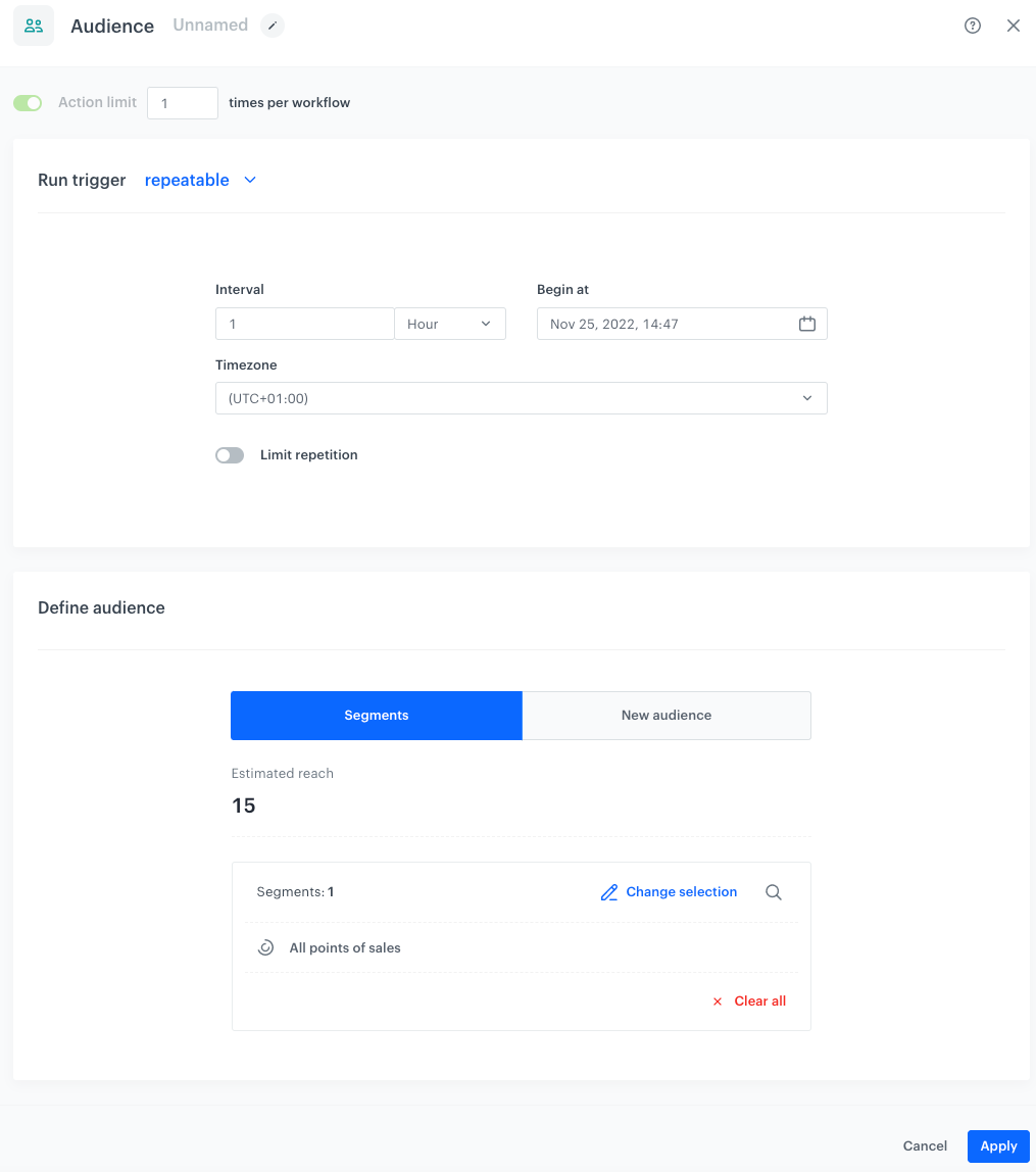 Automation Hub Audience node configuration with weather-based segmentation and repeatable interval