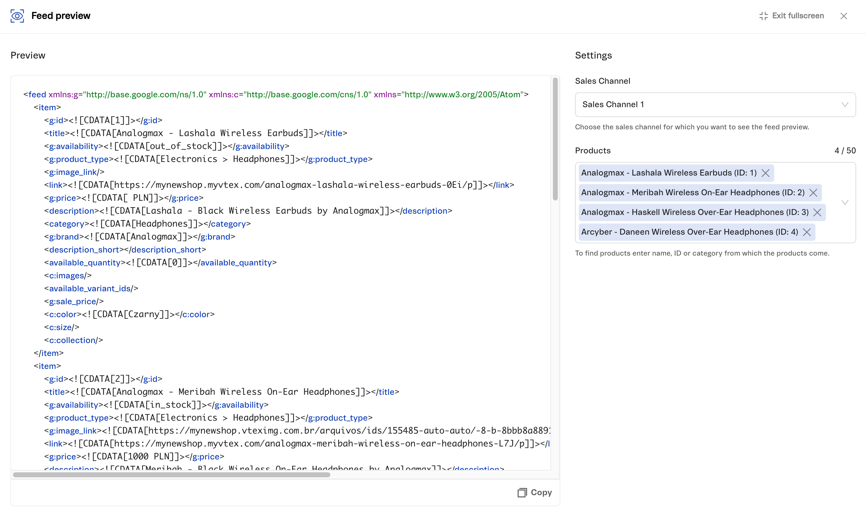 XML product feed preview generated by the Synerise VTEX plugin showing structured product data for selected items