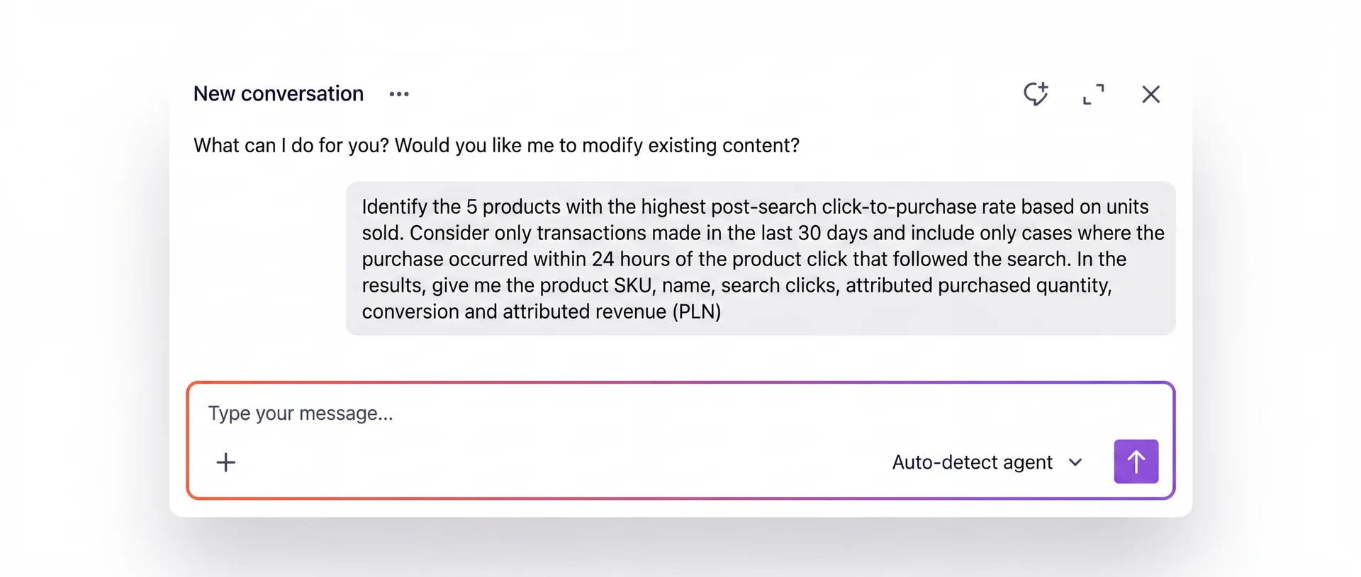 Synerise Agent chat panel showing the prompt
