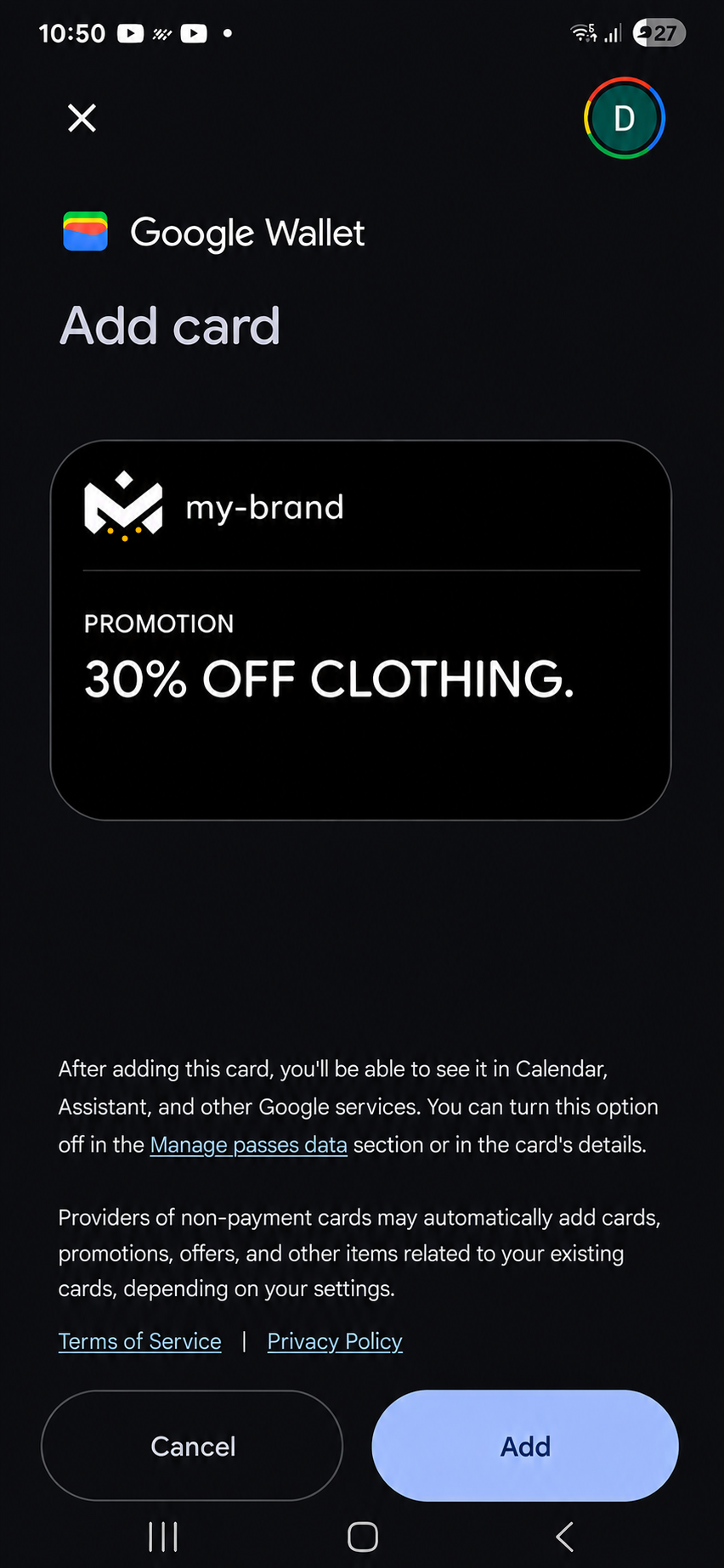 Google Wallet Add card screen showing a promotional card from worldbox with the text 30% off clothing, and Cancel and Add buttons