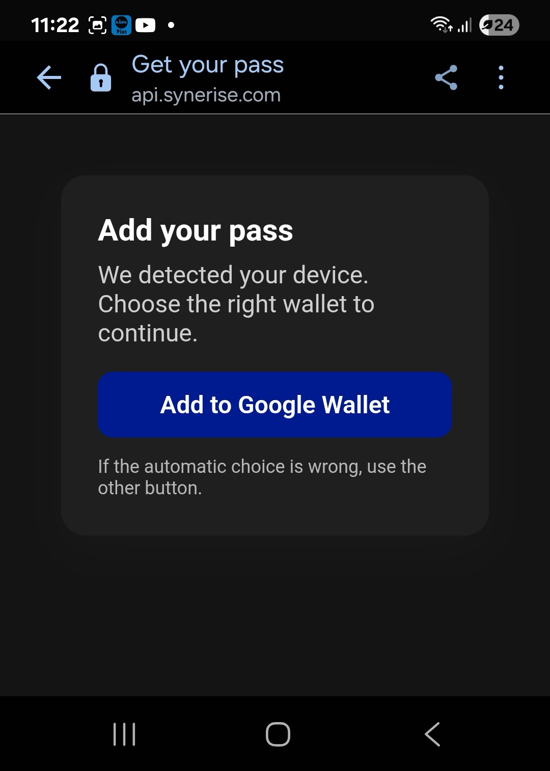 Mobile browser page titled Get your pass, showing a message that the device was detected, with an Add to Google Wallet button and a note to use the other button if the automatic choice is wrong