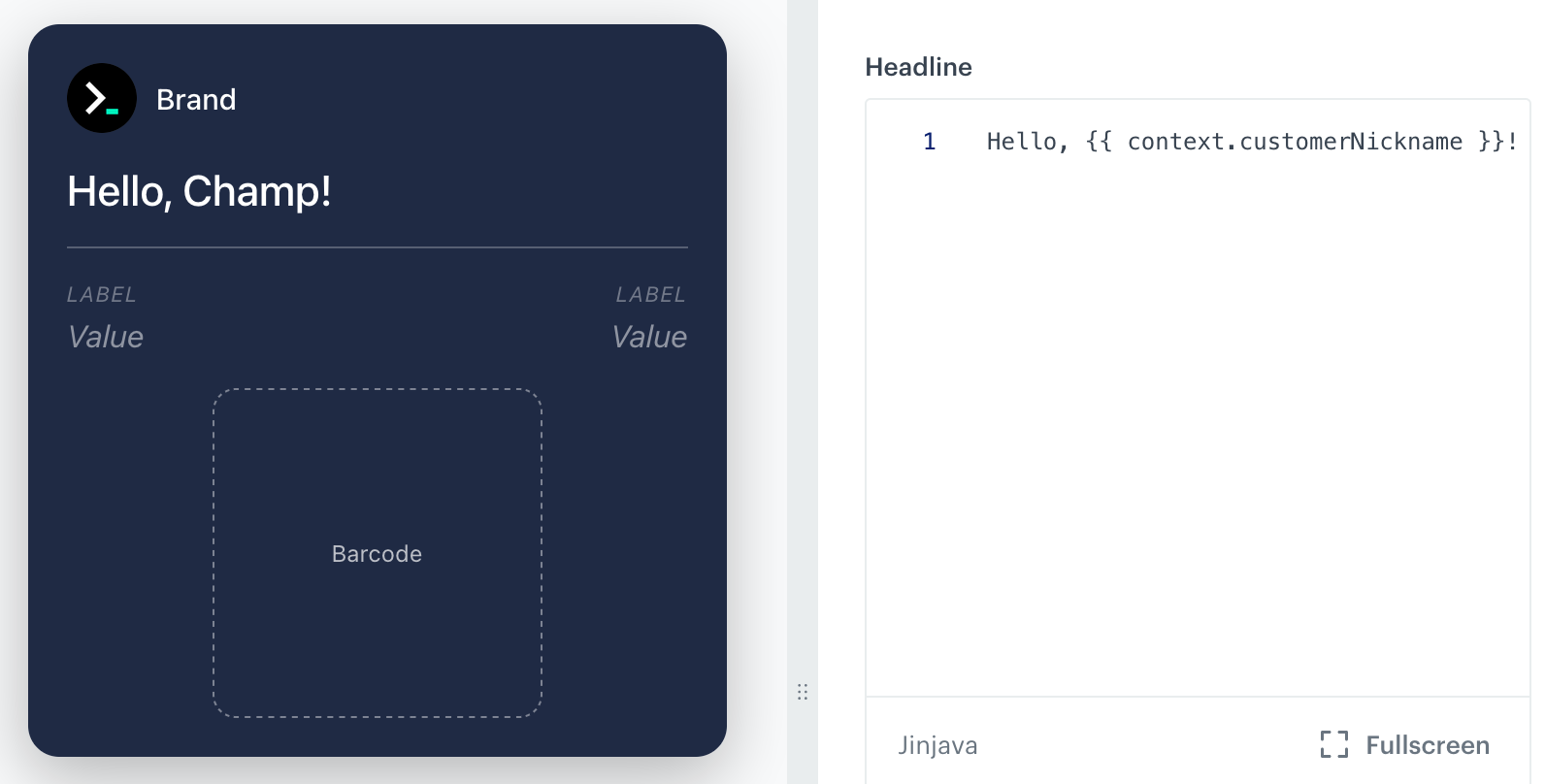 Example of using the context insert to show a variable value in a wallet pass
