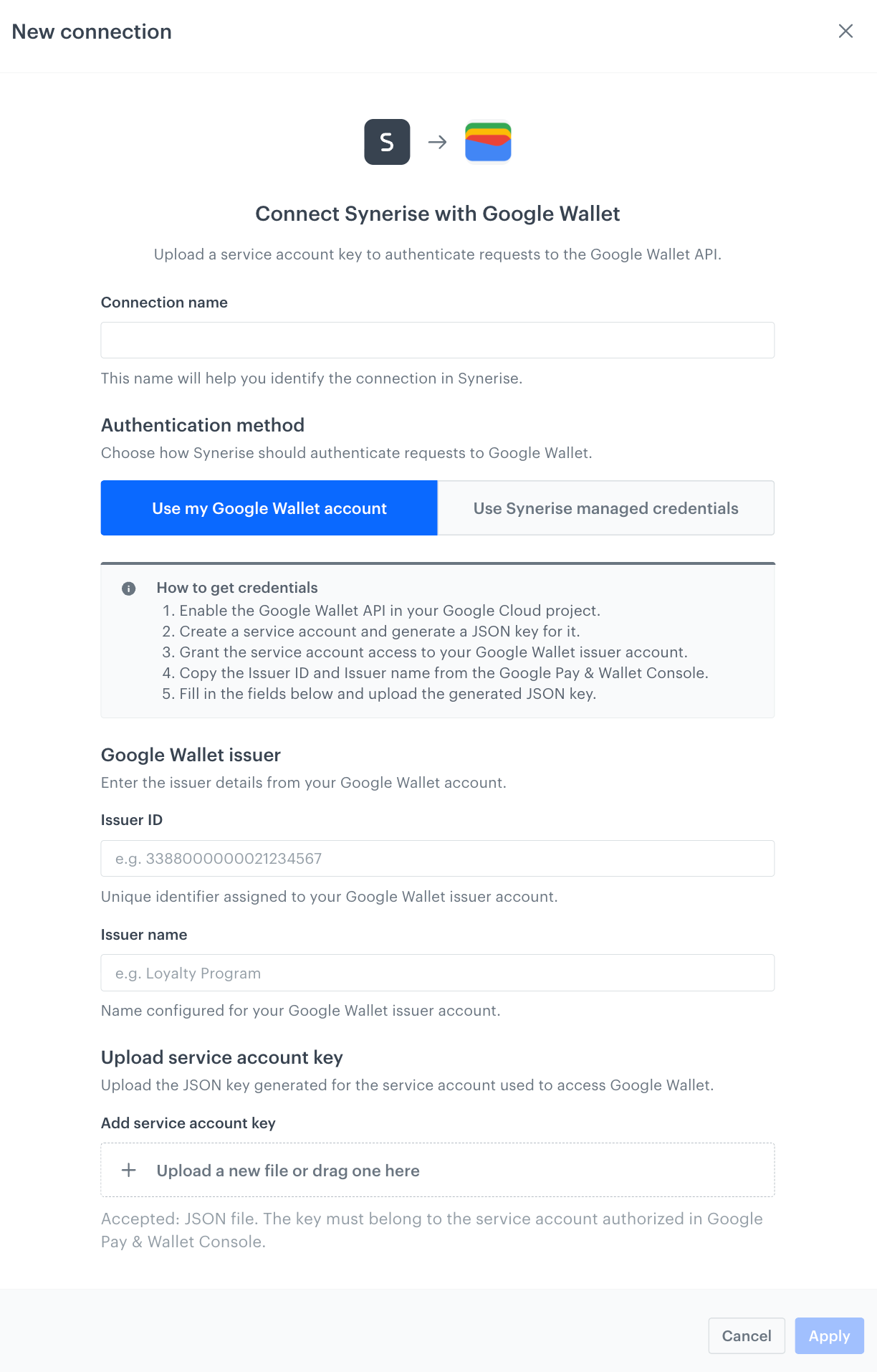 Google Wallet connection configuration form in Synerise, showing the Connection name field and the Authentication method section with the Use my Google Wallet account and Use Synerise managed credentials options