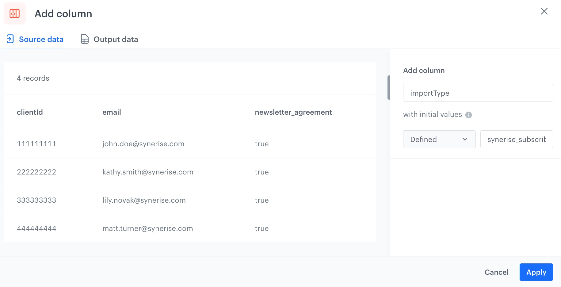 The configuration of the Add column node