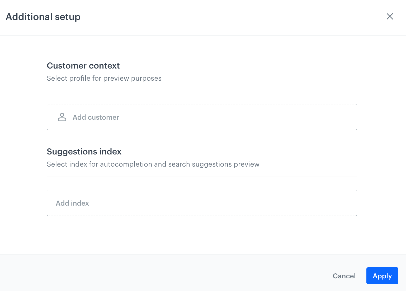 Pop-up that lets you select a customer for whom the search results will be generated and select a suggestion index