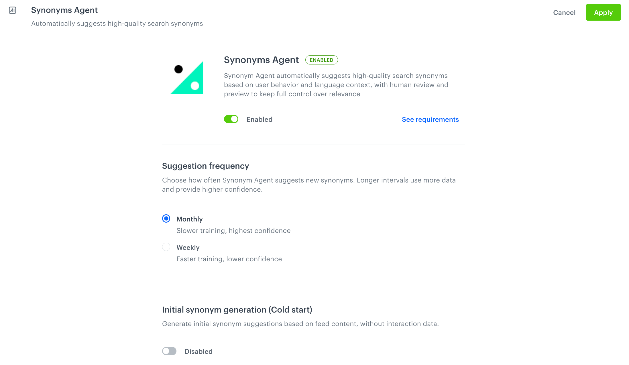 Synonyms Agent settings section showing the agent in an enabled state