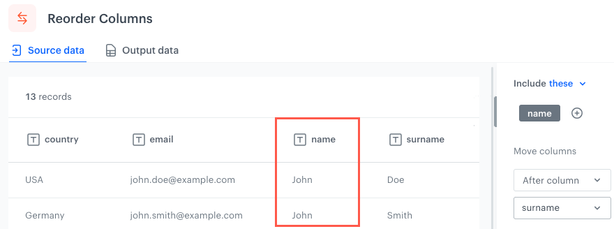 "Reorder columns" node — Synerise Documentation
