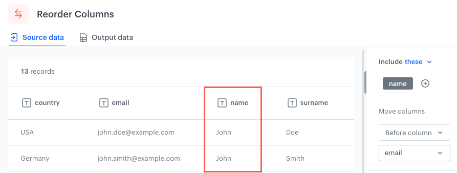 "Reorder columns" node — Synerise Documentation
