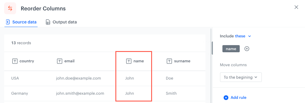 "Reorder columns" node — Synerise Documentation