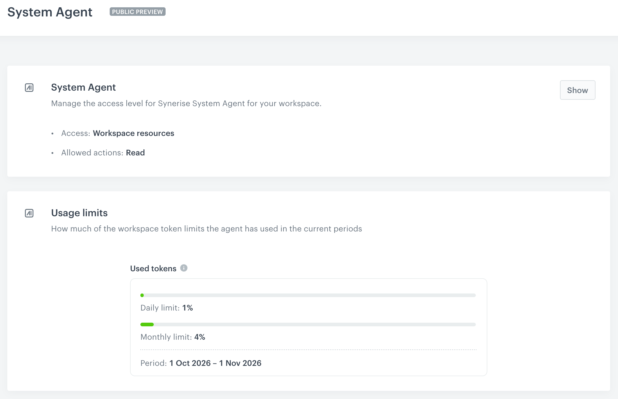 System Agent settings page with a summary of the access level and allowed actions, and the Usage limits section showing the percentage of the daily and monthly token limits used in the current period