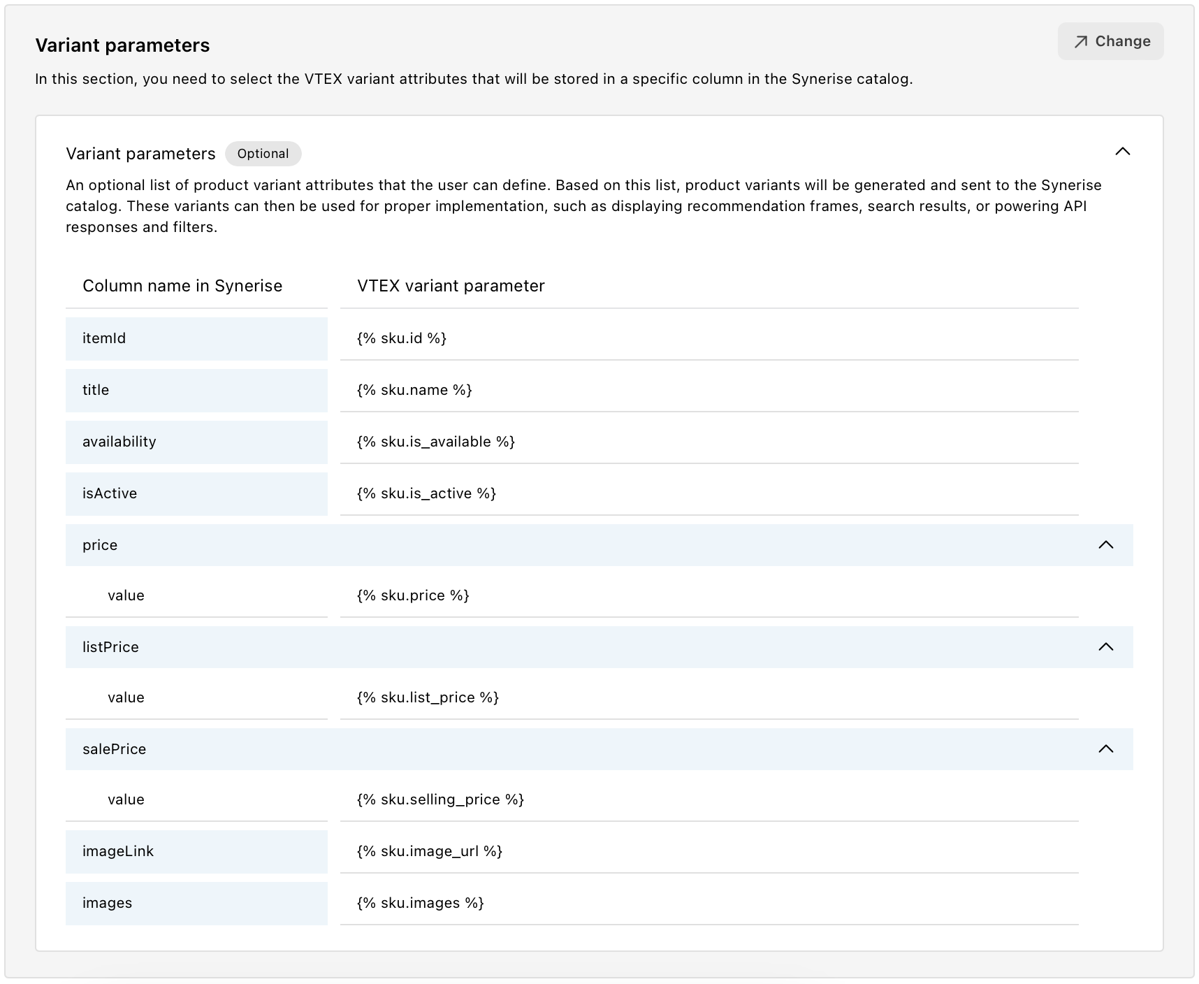 Mapping of variant parameters