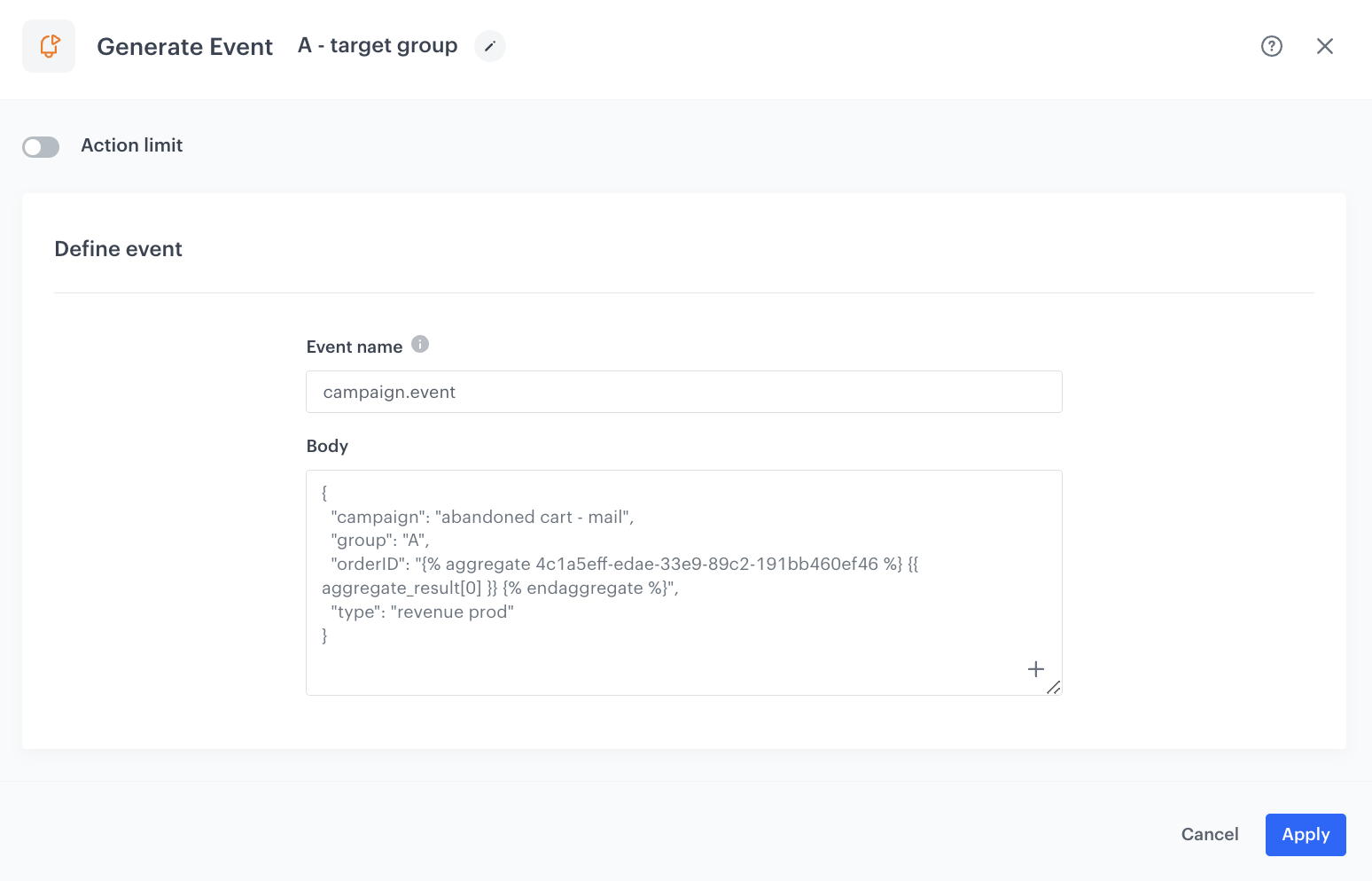 Configuration of the Generate Event node for group A