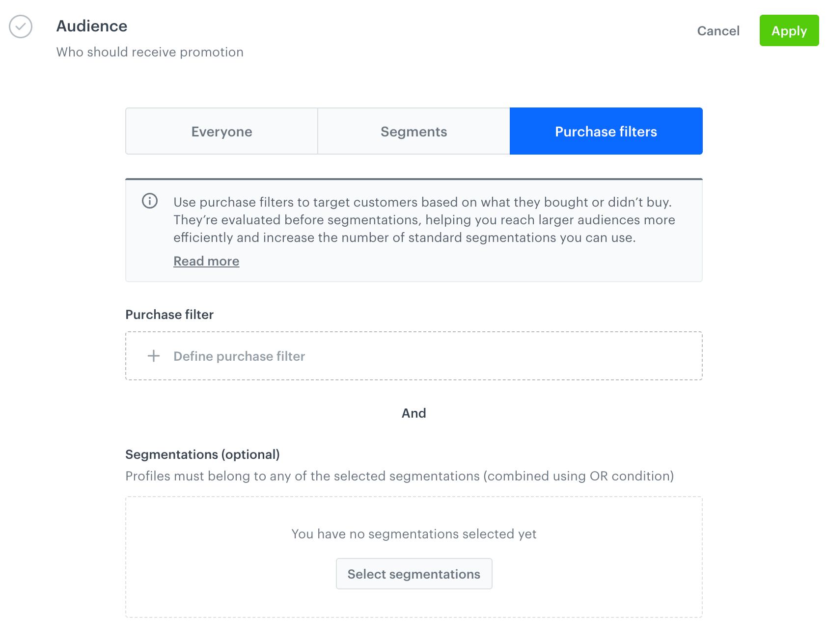 The Everyone, Segments, and Purchase filters tabs in the Audience section