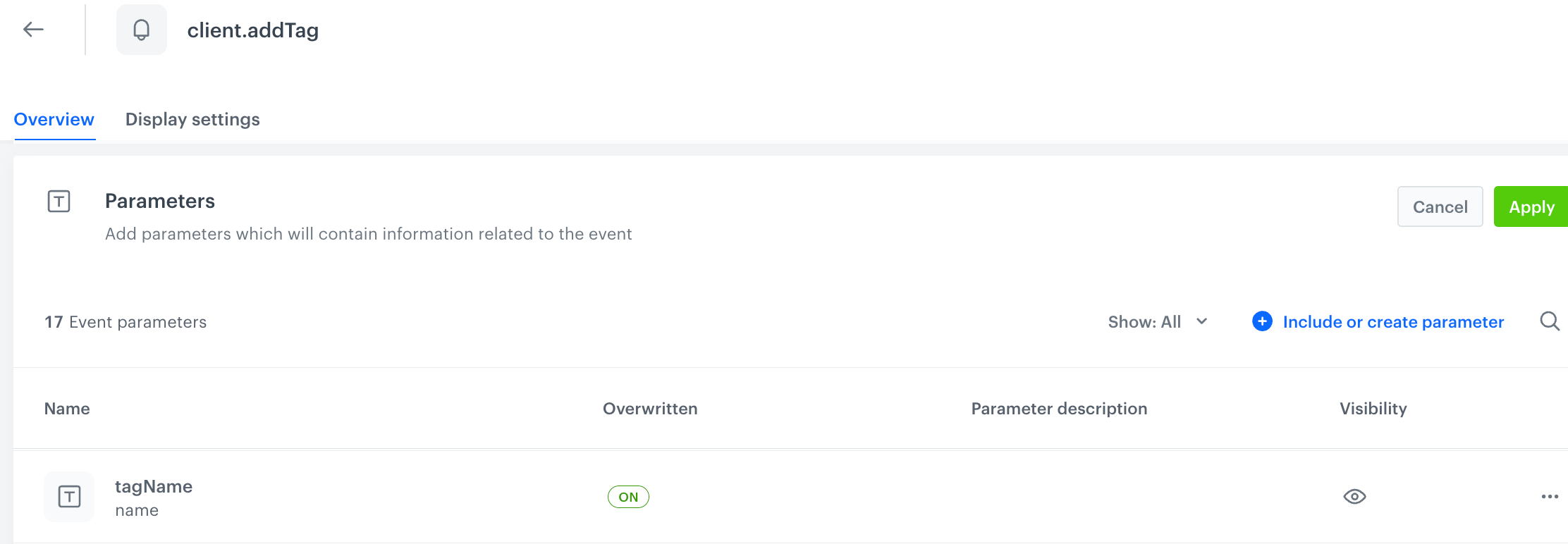 A fragment of event parameter list available in the Parameter section in the event detail preview