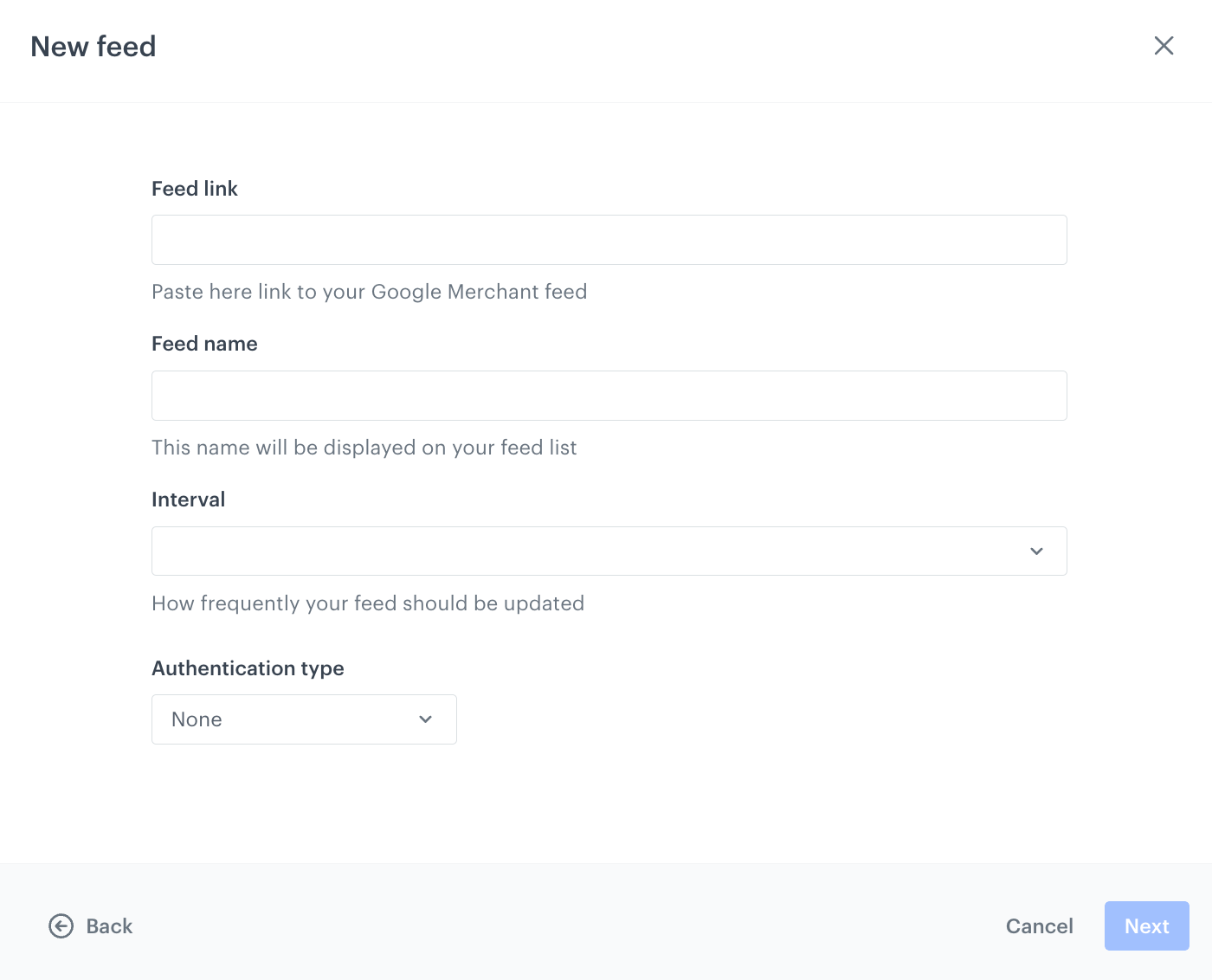 A pop-up with configuration of pulling data from Google Merchant Feed
