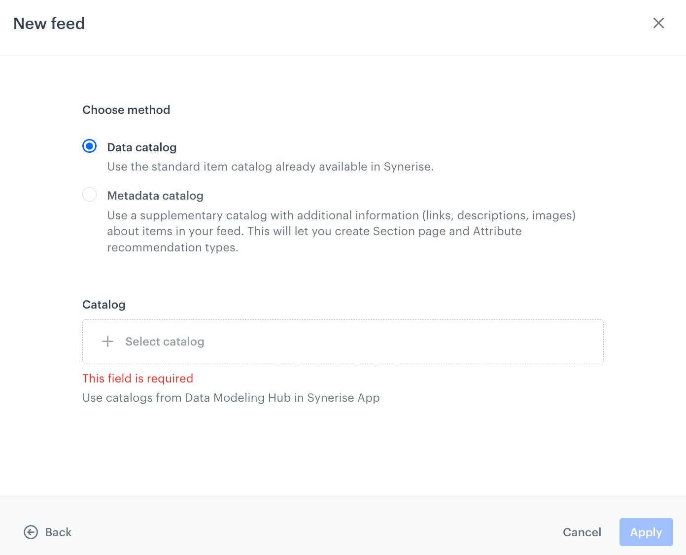 A pop-up with catalog type selection