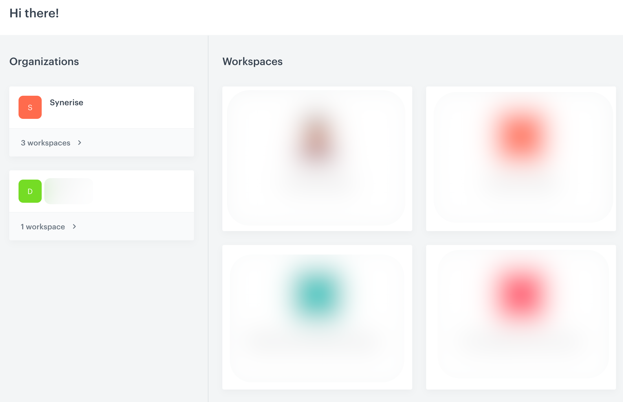 The screen after logging in shows the available organizations and workspaces