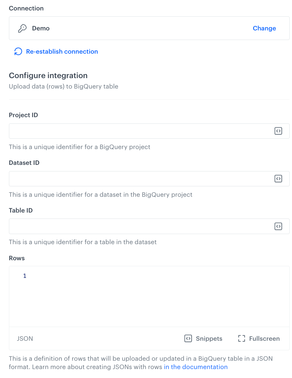 A blank configuration form in Upload Data to Table (Google BigQuery)