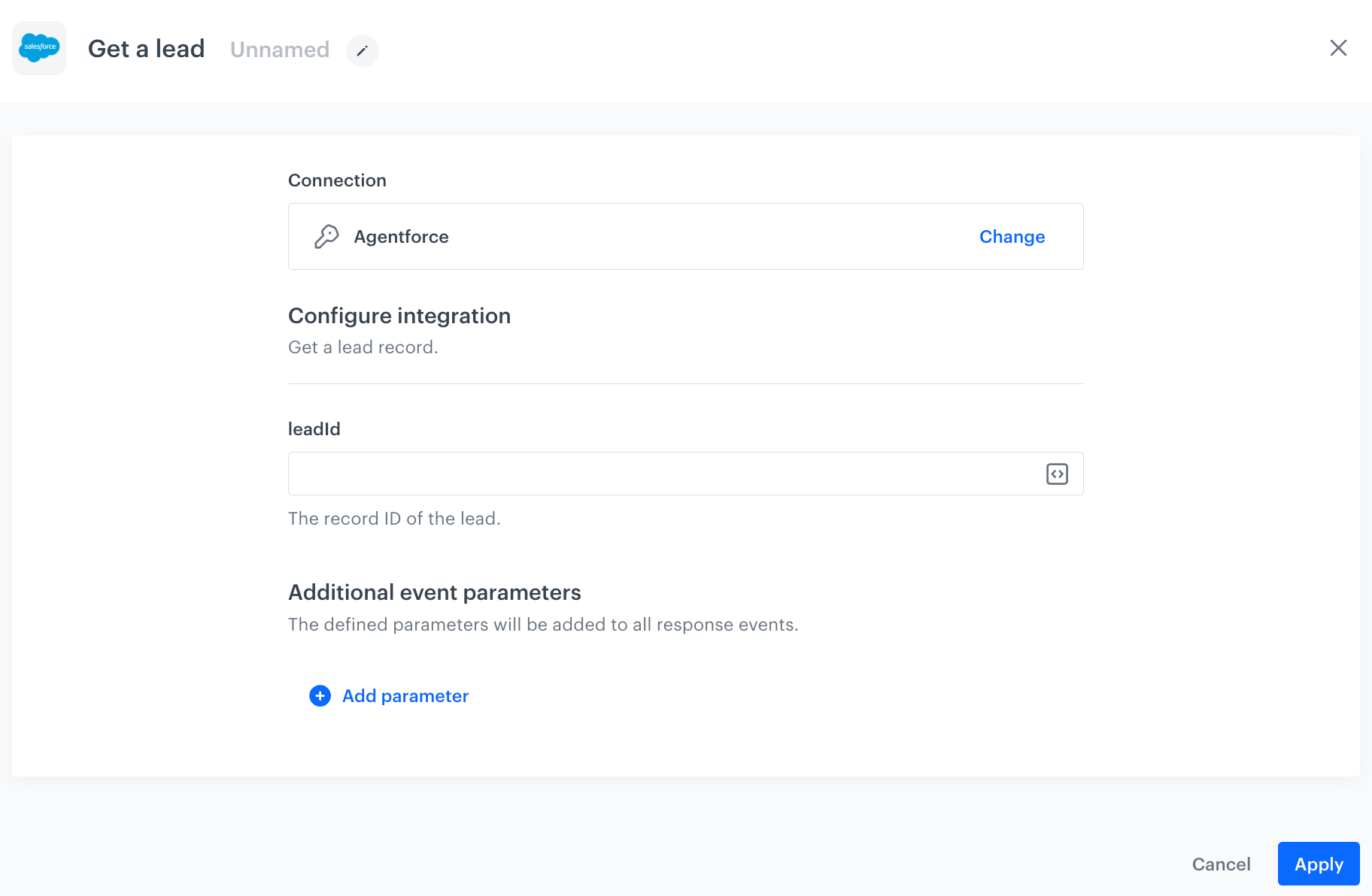 A blank configuration form of the Get a Lead node
