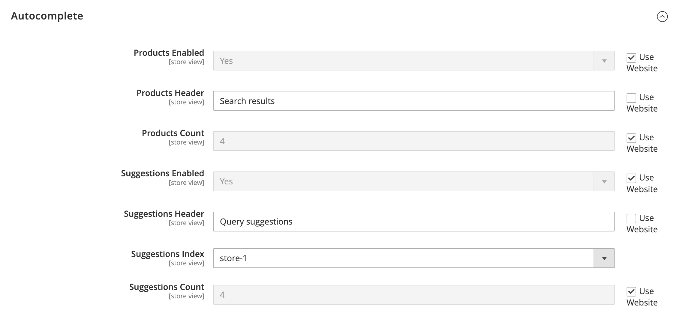 The configuration of query suggestions in the Magento admin panel