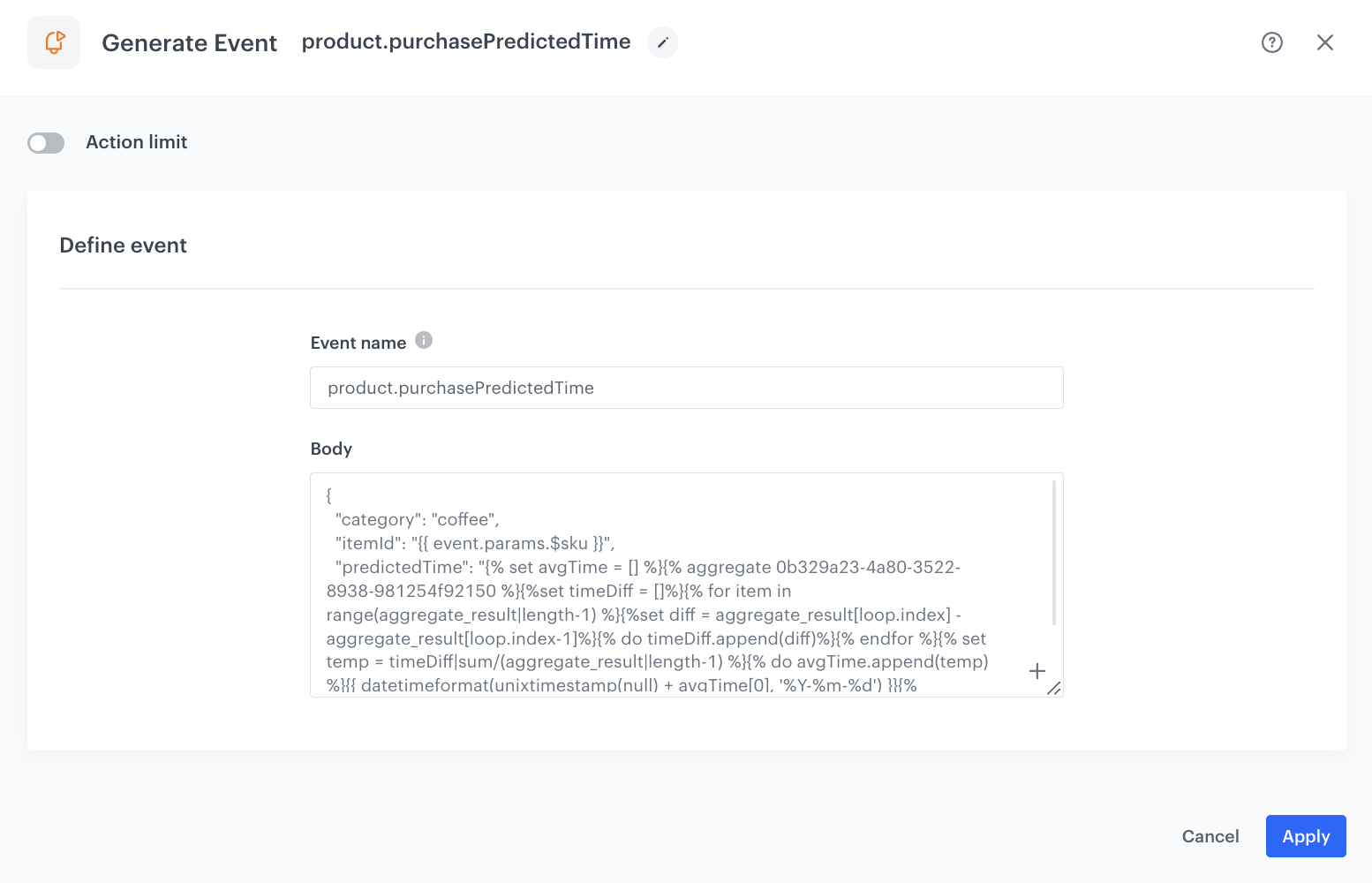 Configuration of the Generate Event node