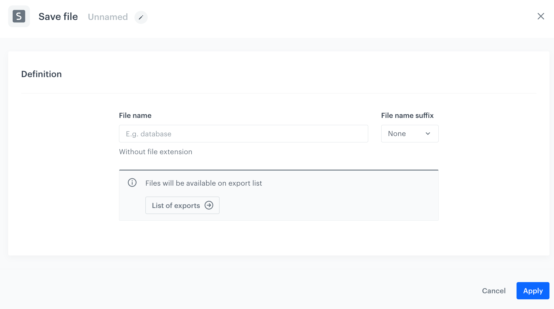 An empty configuration form of the Save File node; you can open it by clicking the node on the canvas