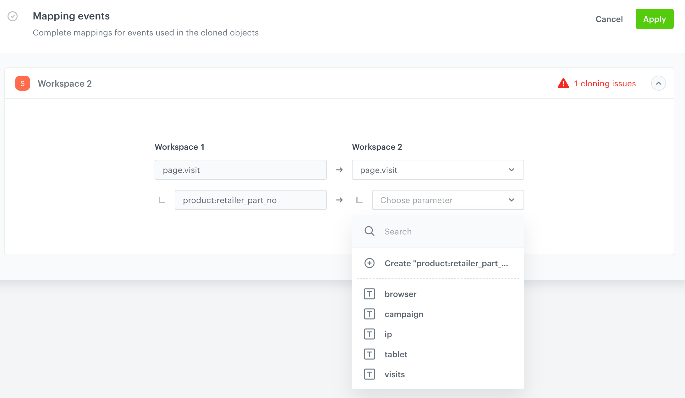 Mapping event parameters that don't exist in the target workspace