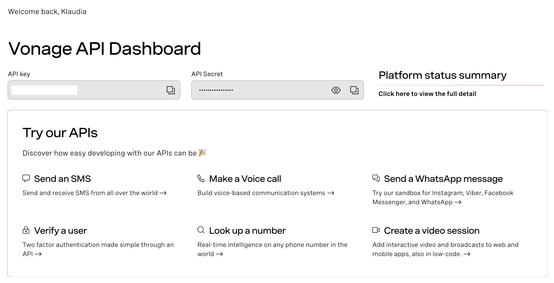 Vonage API Dashboard