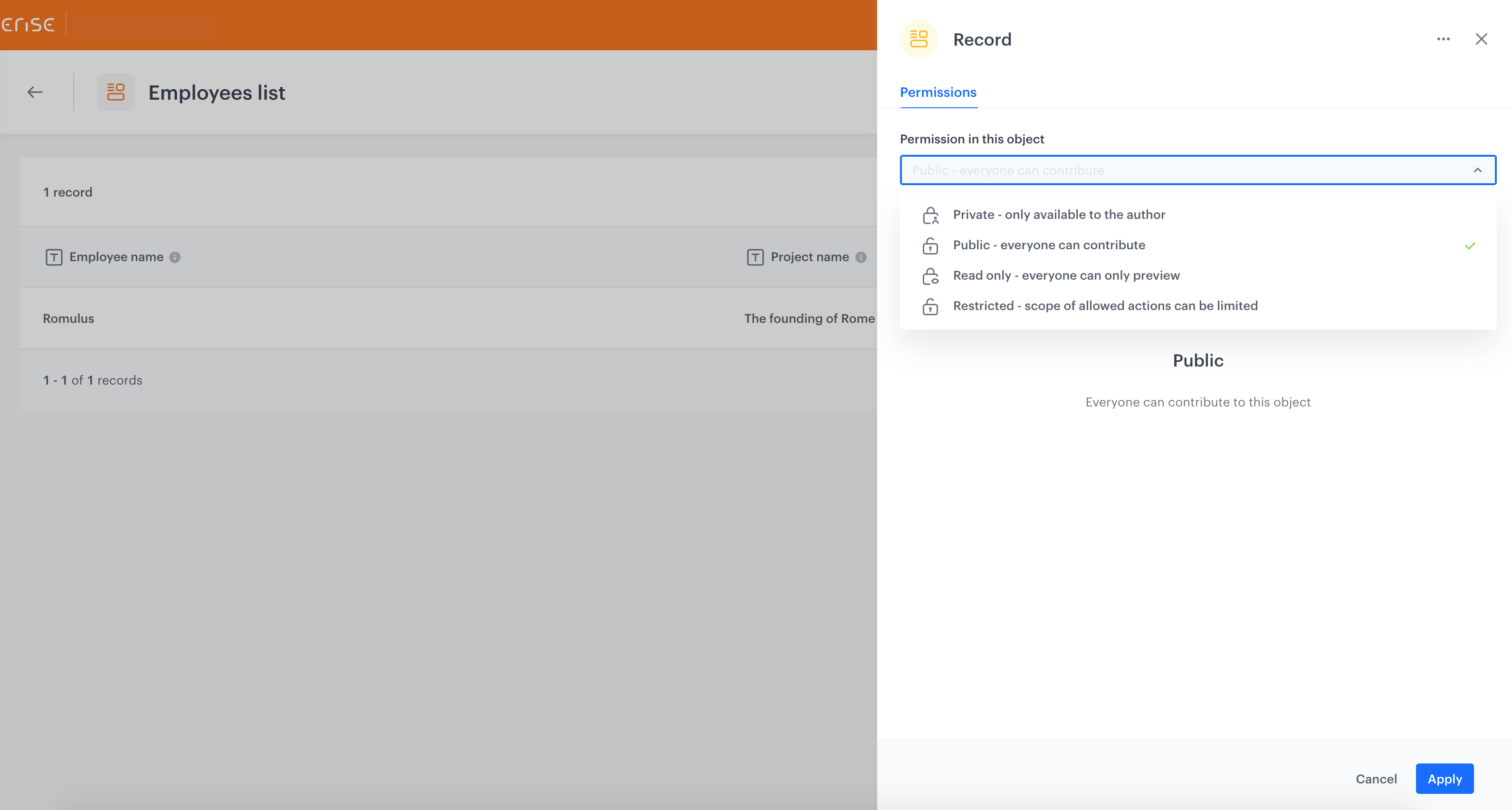 Selecting record permissions to a schema