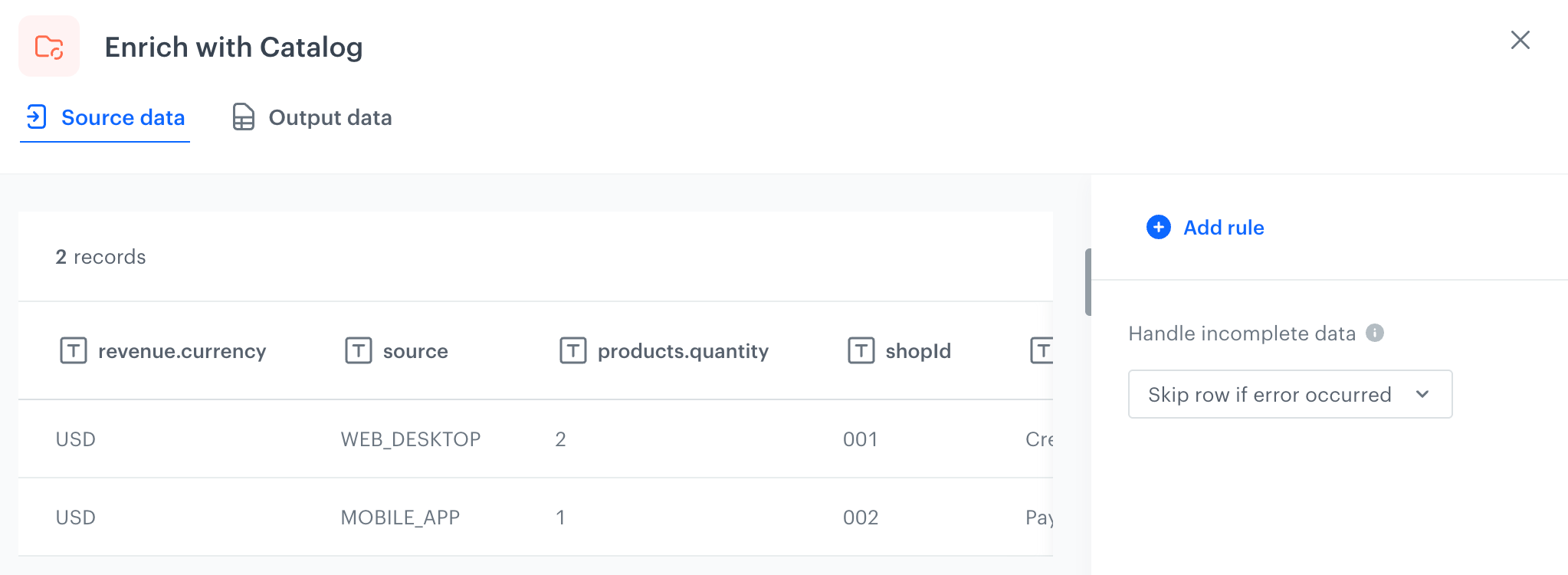 An initial view of the configuration form in the Enrich with catalog node