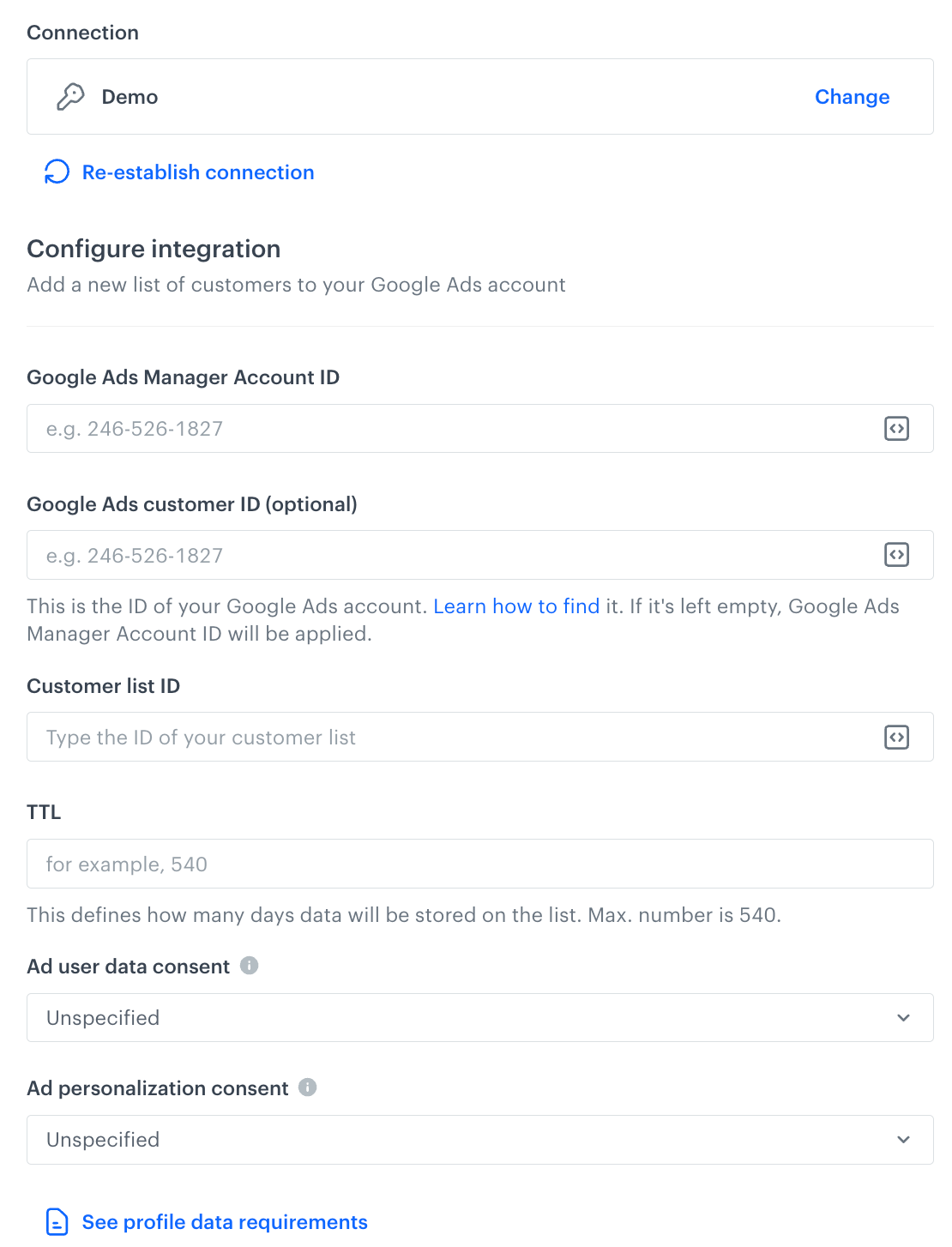 A blank configuration form in Create New Customer List
