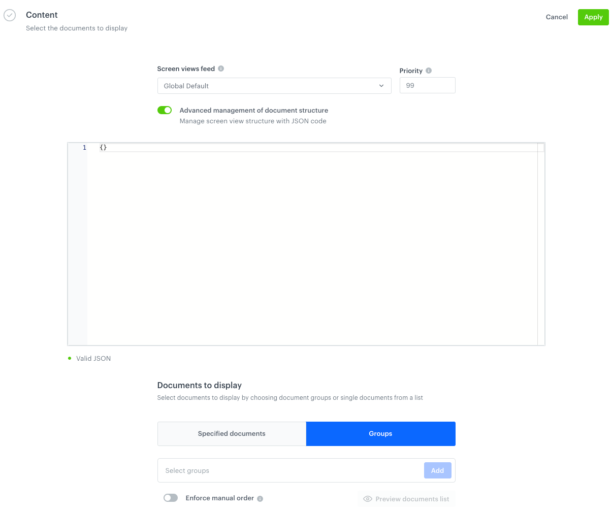 A blank Content section in the Screen view form