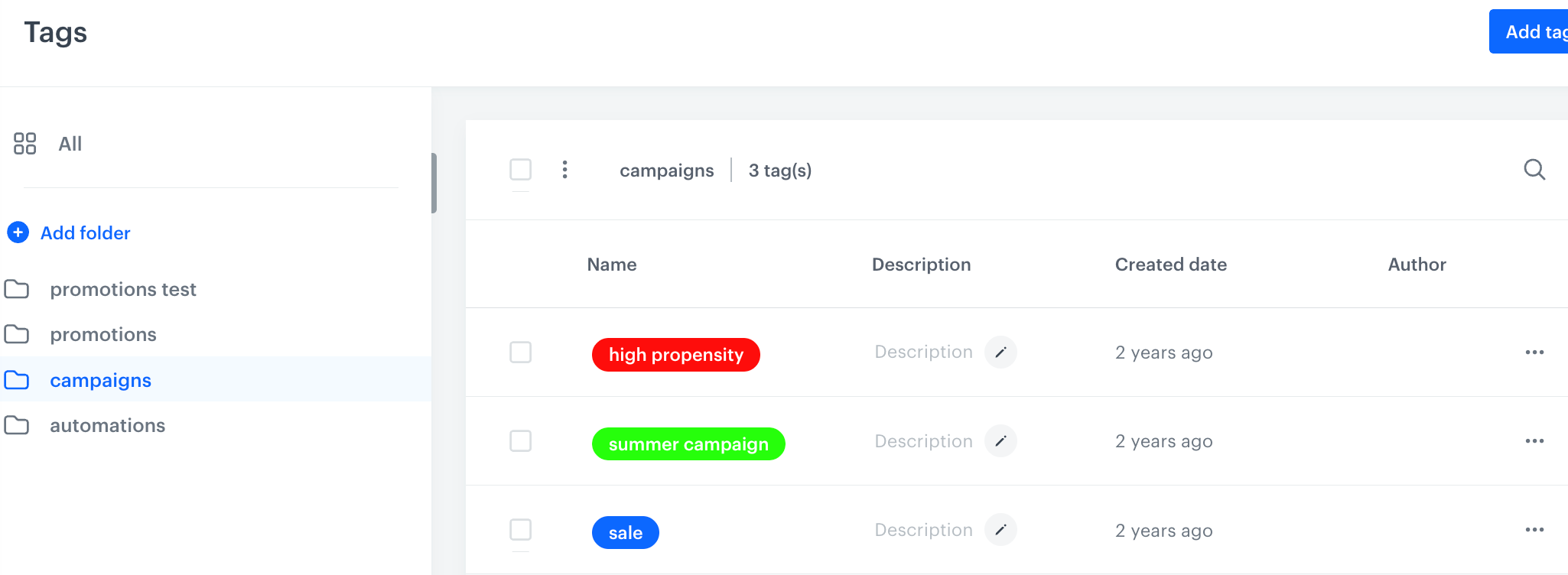 The list of tags in the predefined campaigns folder
