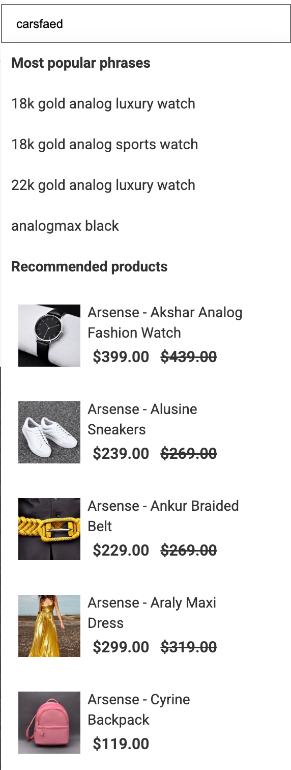 A zero search stage with product recommendations and recent searches