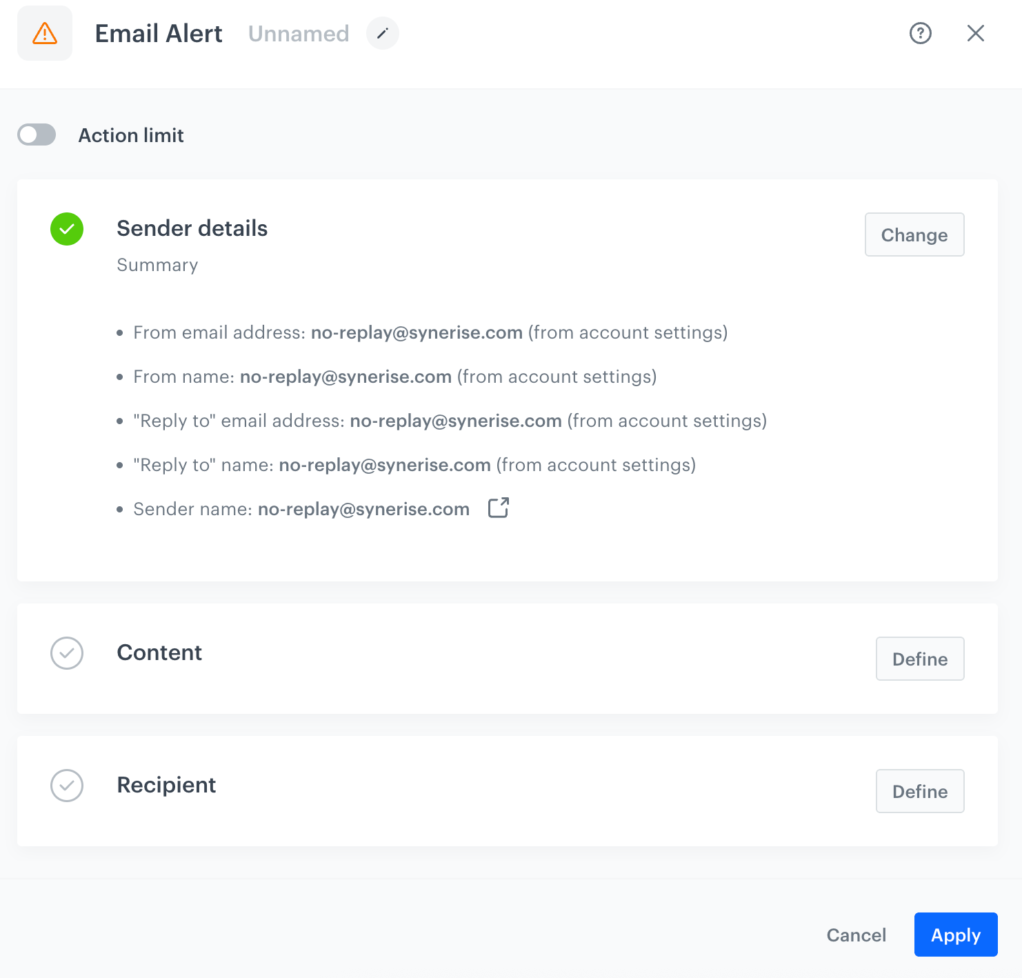 Blank Email Alert configuration form