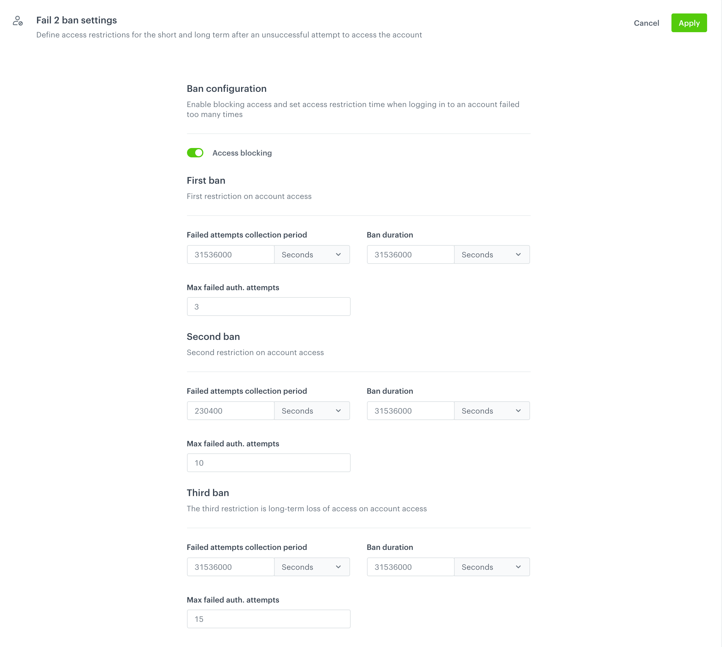 Ban settings